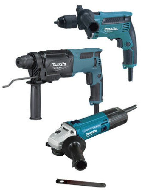 Set di utensili elettrici Makita MT: martello leggero 800W + trapano a percussione 430W + smerigliatrice 570W PRK00184