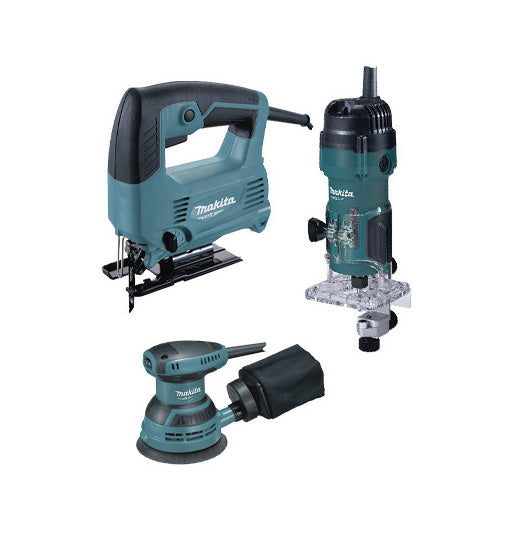 Set di utensili elettrici Makita MT: seghetto alternativo 450W + fresatrice 530W + levigatrice roto-orbitale 230W PRK00185