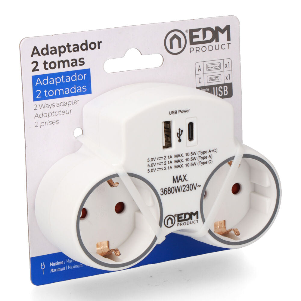 Adattatore a 2 prese 2P+T SCHUKO con 2 USB (A + C) EDM