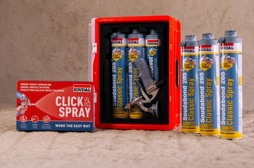 Kit da 5 bombolette di adesivo Soudabond 265 + pistola + detergente per sistema Click&Spray Soudal