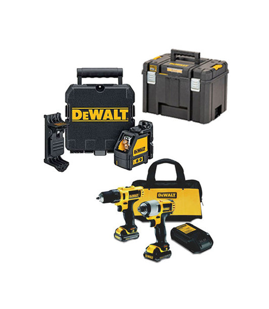 Set Dewalt: trapano avvitatore + avvitatore a impulsi + laser DW088K + valigetta profonda + 2 batterie da 1,3 AH