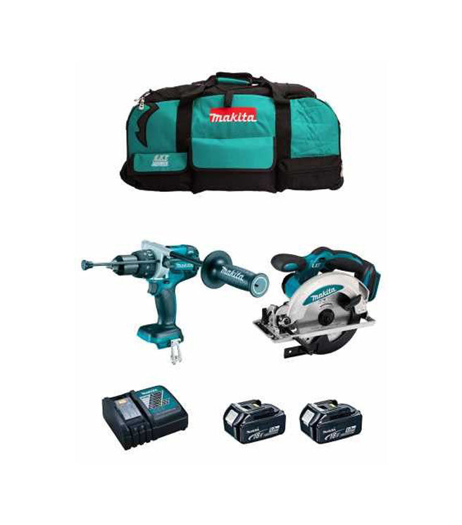Kit Makita trapano avvitatore a percussione DHP486 + sega circolare DSS610 + 2 batterie da 5Ah + caricabatterie + borsa LXT600 DLX2480BL2