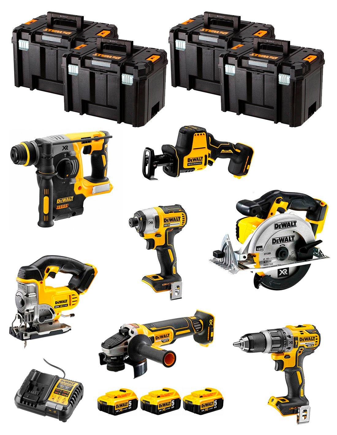 Kit Dewalt 7 herramientas + 3 bat 5ah + Cargador DCB1104 + 4xTstak VI DCK769P3