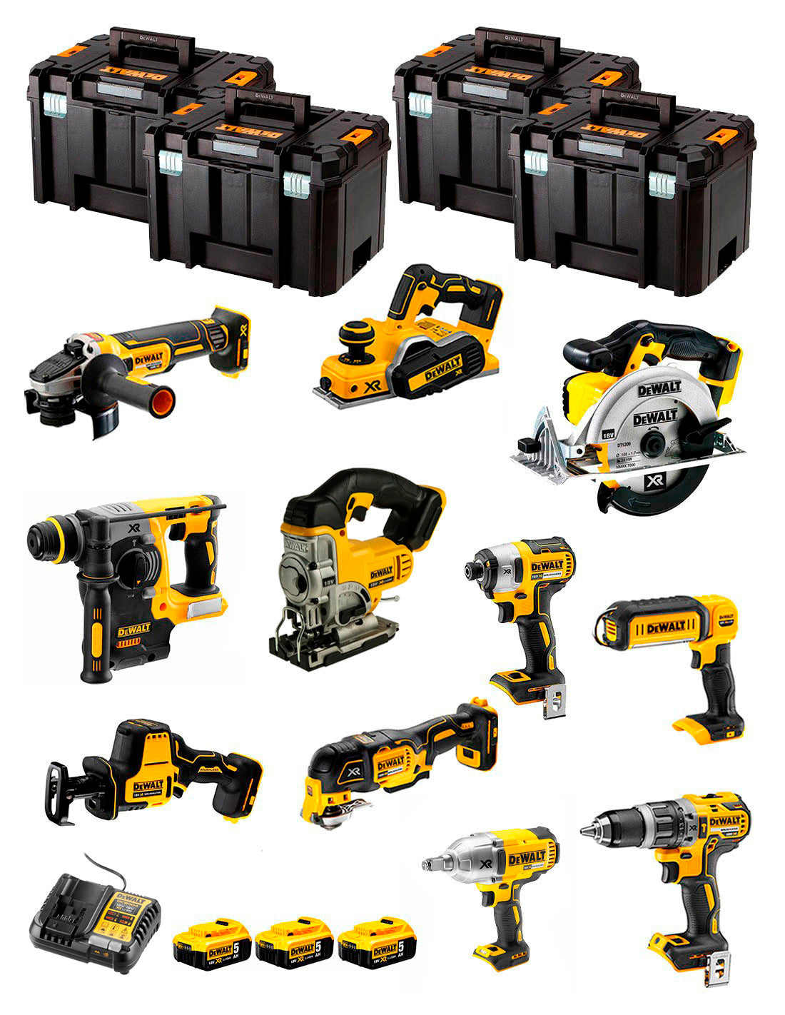 Kit Dewalt 11 herramientas + 3bat 5Ah + Cargador DCB1104 + 4xTSTAK DCK111P3