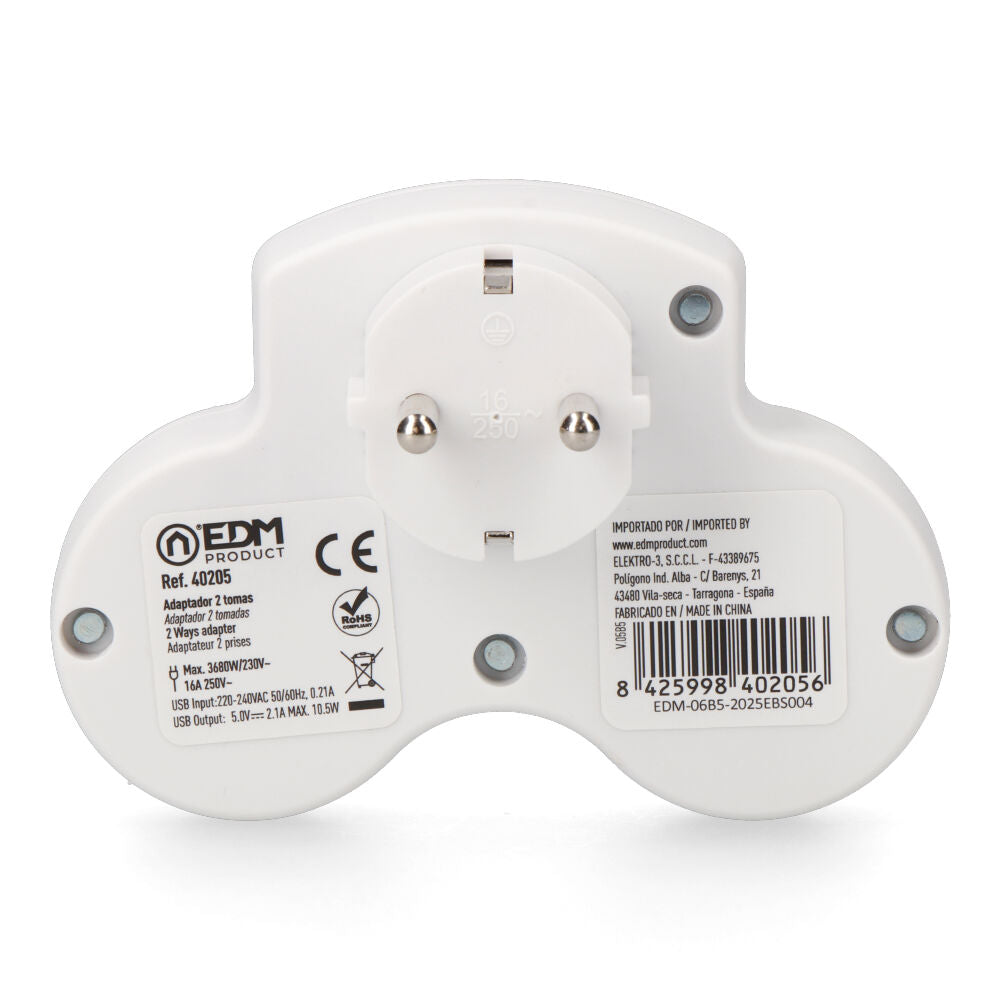 Adattatore a 2 prese 2P+T SCHUKO con 2 USB (A + C) EDM
