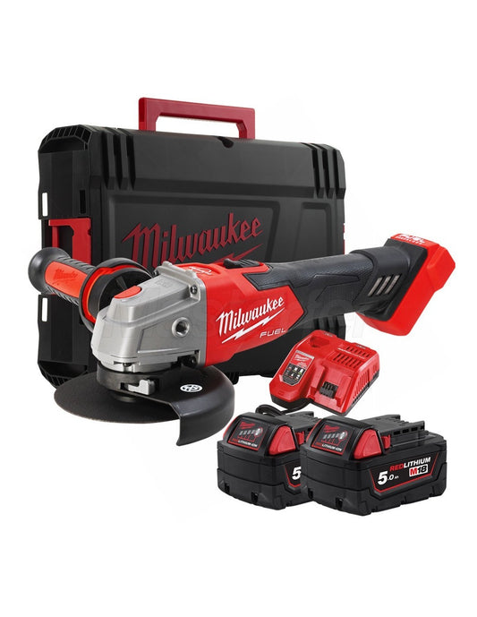 Smerigliatrice angolare M18 da 125 mm con freno e interruttore a pulsante + 2 batterie da 5 Ah + caricabatterie + valigetta Milwaukee M18 FSAG125XB-502X