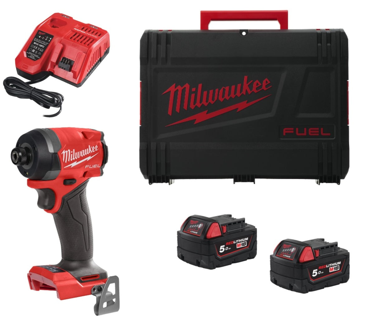 Avvitatore a impulsi M18 Fuel con attacco esagonale da ¼″ + 2 batterie da 5 Ah + caricabatterie + valigetta Milwaukee M18 FID3-502X