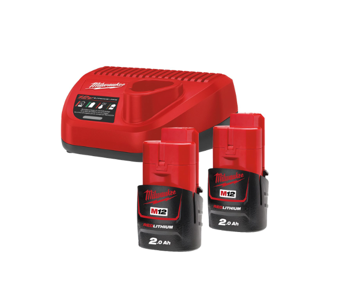 Kit Milwaukee M12 NRG-202 con 2 batterie da 2 Ah e caricabatterie