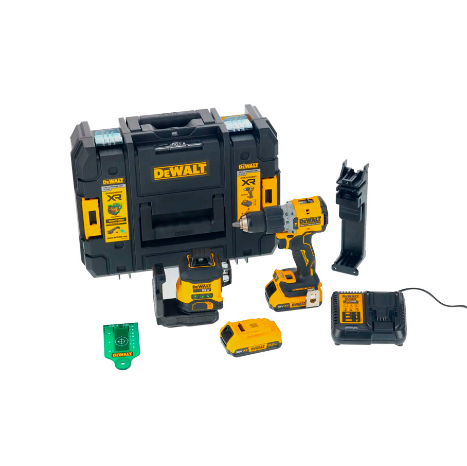 Kit di livella laser VERDE a 3 linee 360° XR 18V + trapano a percussione XR 18V + 2 batterie da 2 Ah + caricabatterie + valigetta Dewalt DCLE34031N