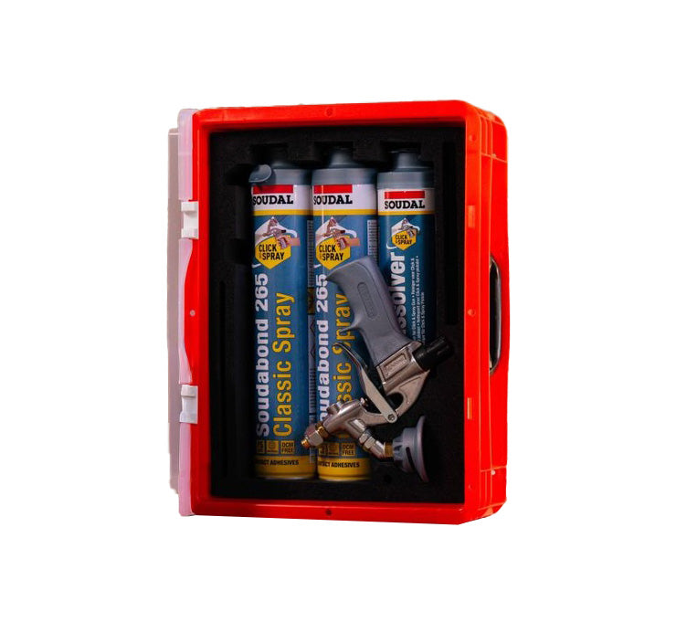 Kit da 5 bombolette di adesivo Soudabond 265 + pistola + detergente per sistema Click&Spray Soudal