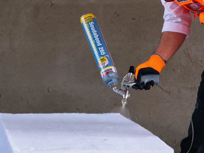 Kit da 5 bombolette di adesivo Soudabond 265 + pistola + detergente per sistema Click&Spray Soudal
