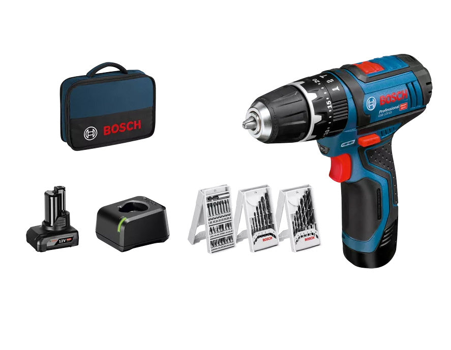 Trapano GSB 12V-15 + batteria da 2 Ah + set di 25 punte + caricabatterie Bosch